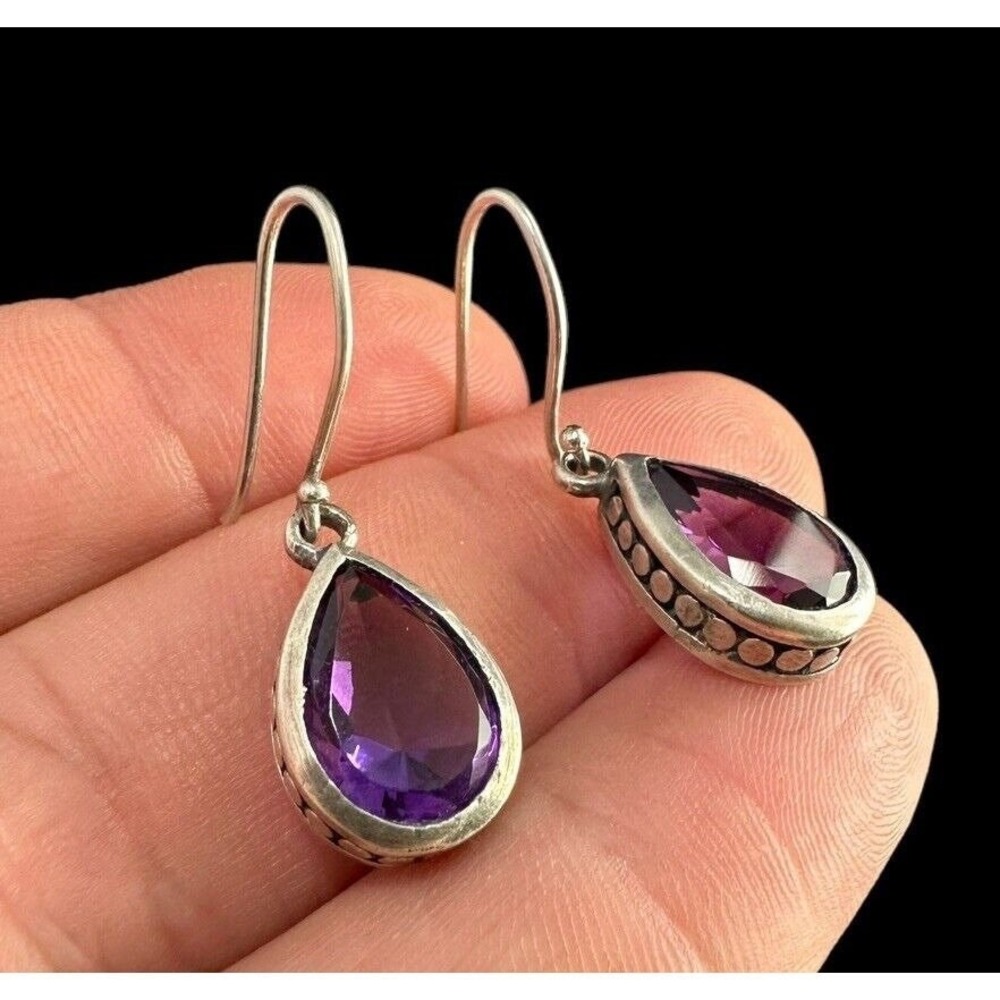 Vintage Sterling Silver Amethyst Pebbled Teardrop Earrings and Pendant‎ Set D14Q